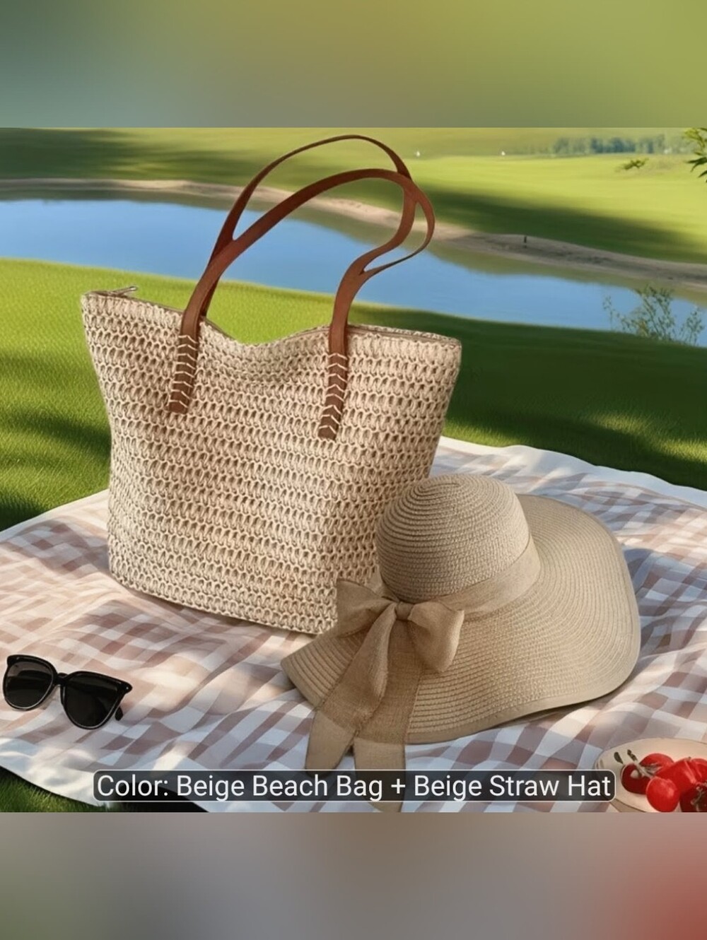 Beige Straw Beach Tote And Straw Hat Set